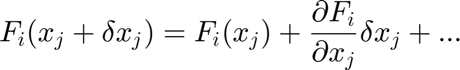 $$ F_i (x_j + \delta x_j) = F_i (x_j) + \frac{\partial F_i}{\partial x_j} \delta x_j + ... $$