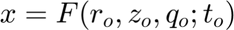 $$ x = F( r_o, z_o, q_o ; t_o) $$
