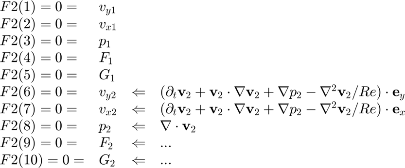 $$ \begin{array}{llcl}
F2(1) = 0 = & v_{y1} &   & \\
F2(2) = 0 = & v_{x1} &  & \\
F2(3) = 0 = & p_{1} &   & \\
F2(4) = 0 = & F_{1} &   & \\
F2(5) = 0 = & G_{1} &  & \\
F2(6) = 0 = & v_{y2} & \Leftarrow & (\partial_t \mathbf{v}_2 + \mathbf{v}_2 \cdot \nabla \mathbf{v}_2 + \nabla p_2 -\nabla^2 \mathbf{v}_2/Re) \cdot \mathbf{e}_y \\
F2(7) = 0 = & v_{x2} & \Leftarrow & (\partial_t \mathbf{v}_2 + \mathbf{v}_2 \cdot \nabla \mathbf{v}_2 + \nabla p_2 -\nabla^2 \mathbf{v}_2/Re) \cdot \mathbf{e}_x \\
F2(8) = 0 = & p_{2} & \Leftarrow  &  \nabla \cdot \mathbf{v}_2\\
F2(9) = 0 = & F_{2} & \Leftarrow  &  ...\\
F2(10) = 0 = & G_{2} & \Leftarrow  &   ...\\
\end{array} $$