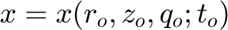$$ x = x(r_o, z_o, q_o ; t_o)$$