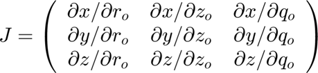 $$ J = \left(\begin{array}{ccc}
{\partial x}/{\partial r_o} & {\partial x}/{\partial z_o} & {\partial x}/{\partial q_o} \\
{\partial y}/{\partial r_o} & {\partial y}/{\partial z_o} & {\partial y}/{\partial q_o} \\
{\partial z}/{\partial r_o} & {\partial z}/{\partial z_o} & {\partial z}/{\partial q_o}
\end{array}\right) $$
