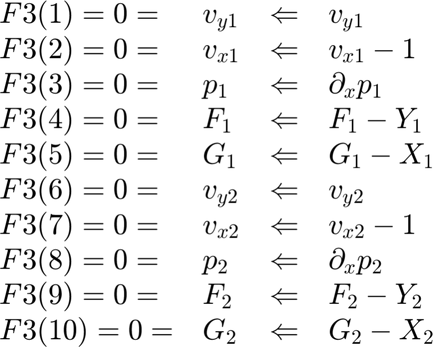 $$ \begin{array}{llcl}
F3(1) = 0 = & v_{y1} & \Leftarrow  & v_{y1}   \\
F3(2) = 0 = & v_{x1} & \Leftarrow & v_{x1} -1 \\
F3(3) = 0 = & p_{1} &  \Leftarrow & \partial_x p_1\\
F3(4) = 0 = & F_{1} & \Leftarrow  & F_1 -Y_1 \\
F3(5) = 0 = & G_{1} & \Leftarrow &  G_1 - X_1 \\
F3(6) = 0 = & v_{y2} & \Leftarrow & v_{y2} \\
F3(7) = 0 = & v_{x2} & \Leftarrow & v_{x2}-1\\
F3(8) = 0 = & p_{2} & \Leftarrow  & \partial_x p_2\\
F3(9) = 0 = & F_{2} & \Leftarrow  & F_2 -Y_2\\
F3(10) = 0 = & G_{2} & \Leftarrow  & G_2 -X_2\\
\end{array} $$