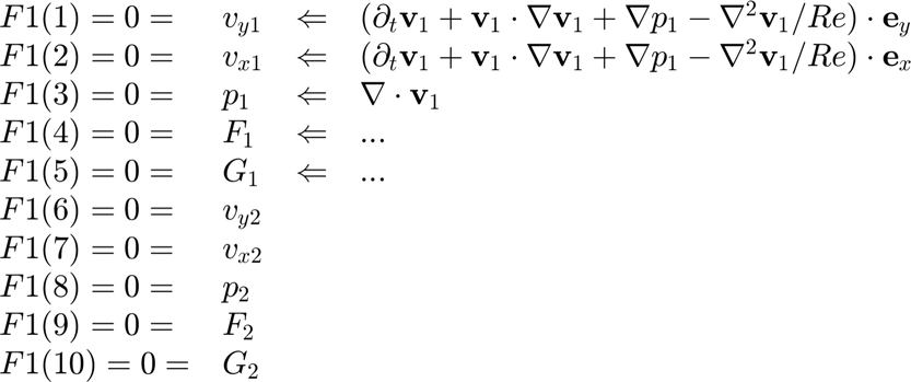 $$ \begin{array}{llcl}
F1(1) = 0 = & v_{y1} & \Leftarrow & (\partial_t \mathbf{v}_1 + \mathbf{v}_1 \cdot \nabla \mathbf{v}_1 + \nabla p_1 -\nabla^2 \mathbf{v}_1/Re) \cdot \mathbf{e}_y \\
F1(2) = 0 = & v_{x1} & \Leftarrow & (\partial_t \mathbf{v}_1 + \mathbf{v}_1 \cdot \nabla \mathbf{v}_1 + \nabla p_1 -\nabla^2 \mathbf{v}_1/Re) \cdot \mathbf{e}_x \\
F1(3) = 0 = & p_{1} & \Leftarrow &  \nabla \cdot \mathbf{v}_1\\
F1(4) = 0 = & F_{1} & \Leftarrow  &  ...\\
F1(5) = 0 = & G_{1} & \Leftarrow &   ...\\
F1(6) = 0 = & v_{y2} &   & \\
F1(7) = 0 = & v_{x2} &  & \\
F1(8) = 0 = & p_{2} &   & \\
F1(9) = 0 = & F_{2} &   & \\
F1(10) = 0 = & G_{2} &  & \\
\end{array} $$